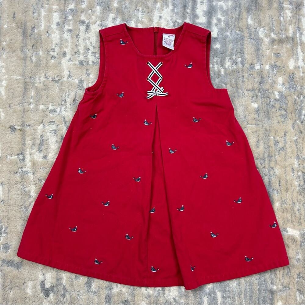 Vintage Gymboree Whale Watching  Embroidered Red Jumper Dress 2003 Sz 3T
